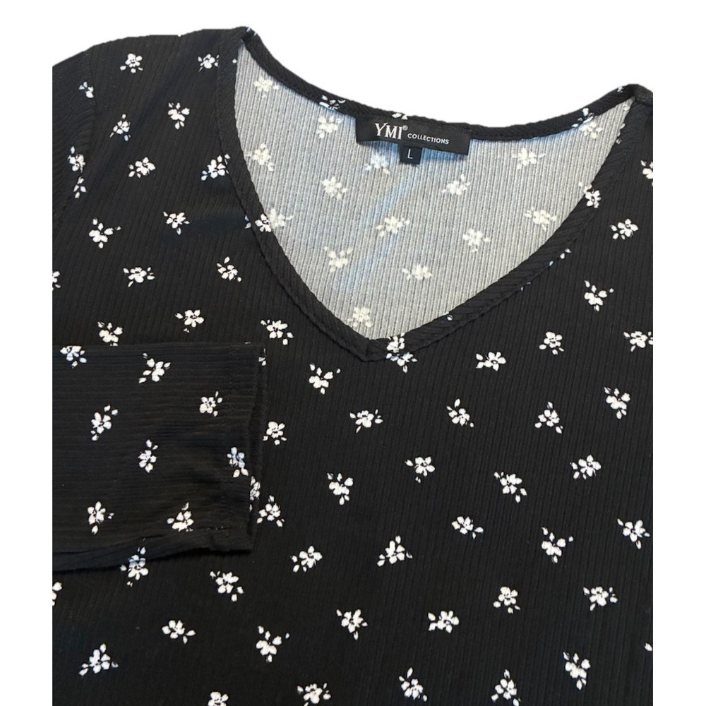 YMI Top Women's L Black Dainty Flowers‎ Crop Ribbed Knit Thermal Made In USA
